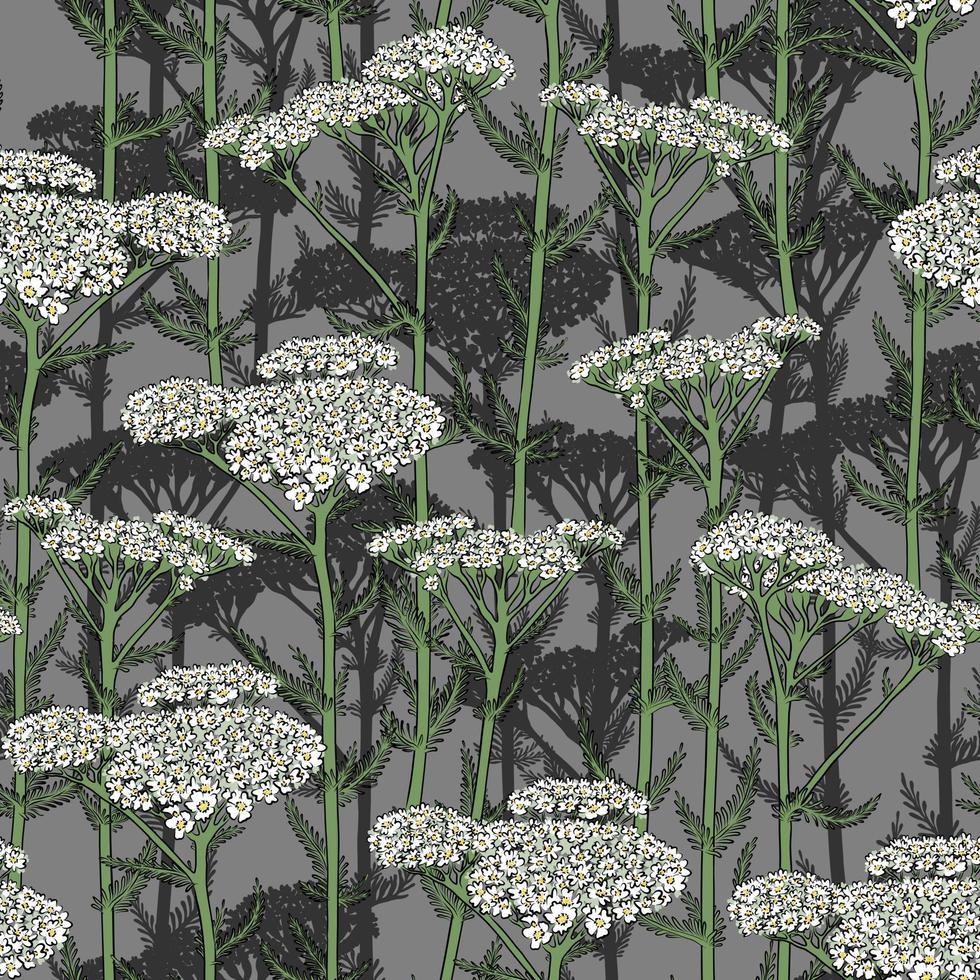 SEAMLESS GREY VECTOR PATTERN WITH BLOOMING WHITE YARROW