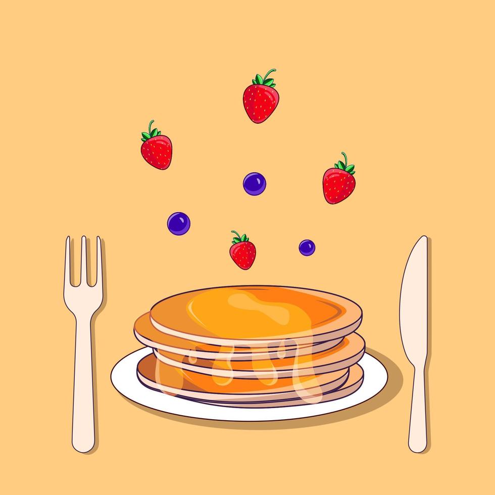 Maple pancakes with strawberry and black berry vector