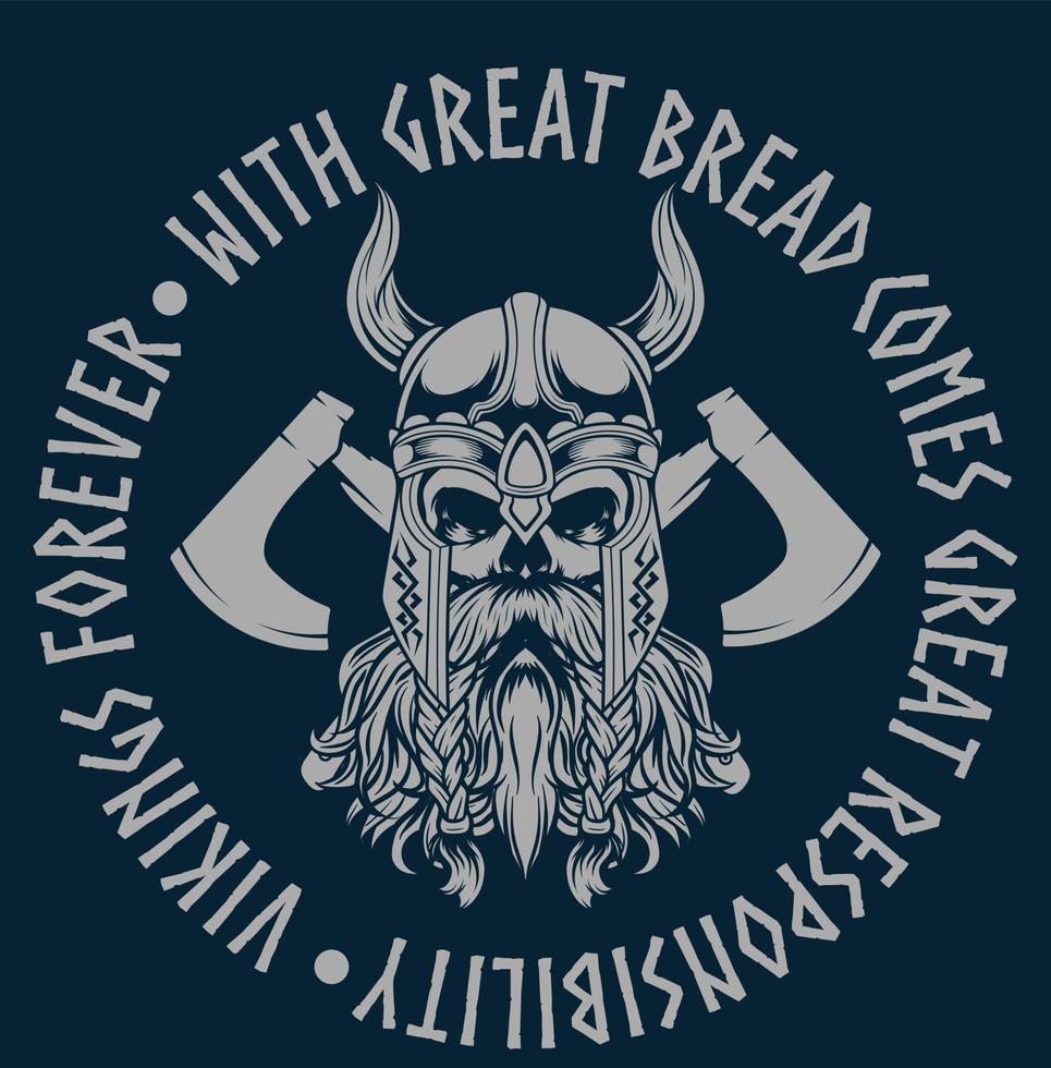 Vector Illustration of Skull Wearing Viking Helmet with Axe in Vintage Style