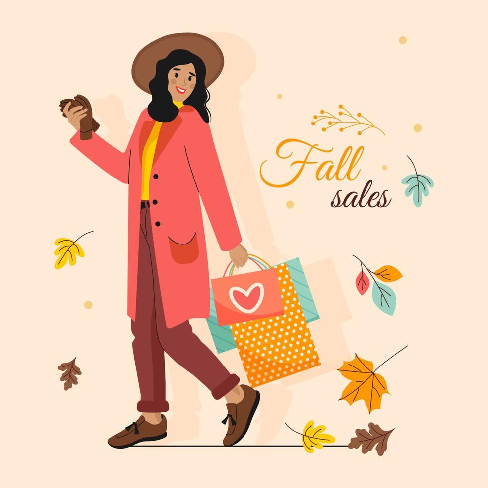 Girl walks holding Shopping Bags  in Autumn weather. Great for poster, banner, flyer for Autumn Sale Discount advertisement or promotion. Vector illustration.