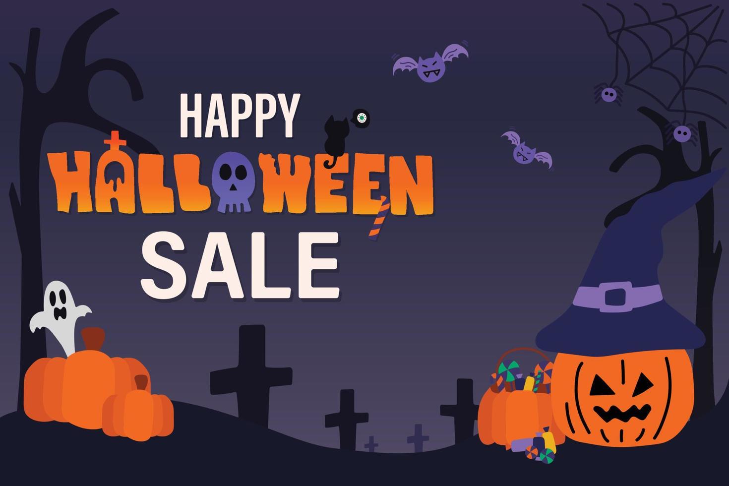 feliz halloween con todos los elementos de halloween con letras a mano. para la promoción de venta de tiendas. vector