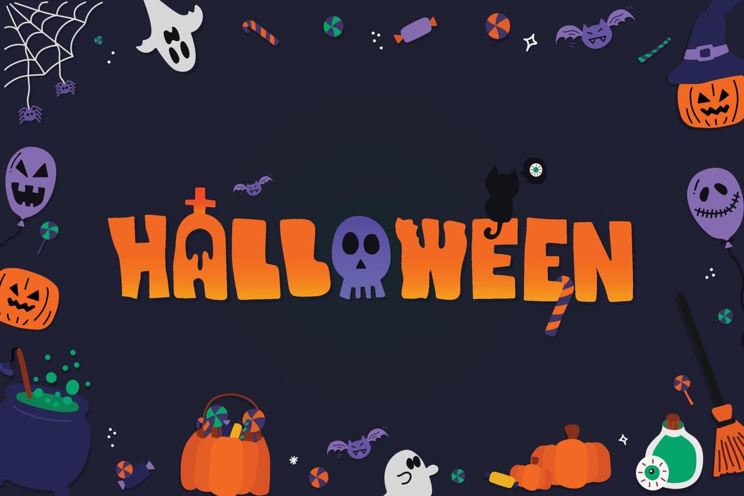 Halloween seasonal with all characters of ghost, halloween pumpkins, witch hat and element of halloween with hand lettering. vector
