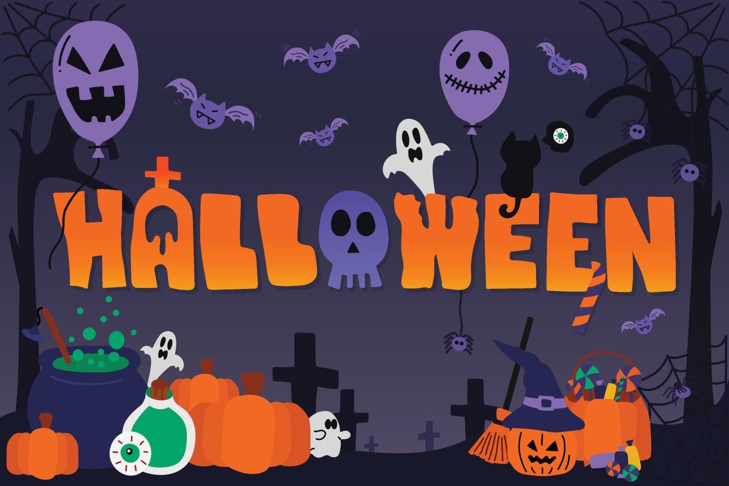 Illustration of Halloween seasonal celebration background design by hand drawn. Halloween elements. vector