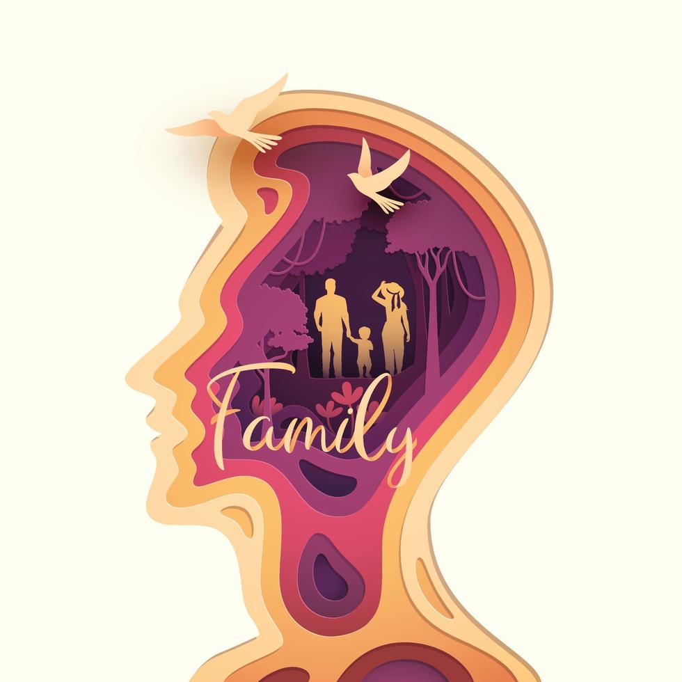 Paper cut layered human head with happy family parents and children, Business or mind psychology concept vector