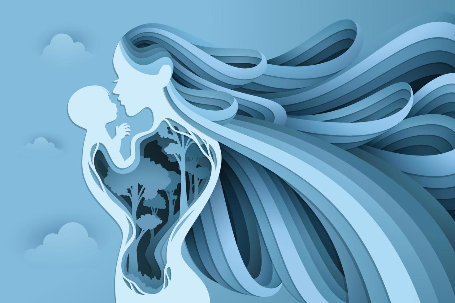 Baby In A Tender Embrace Of Mother, Vector illustration in a papercut style