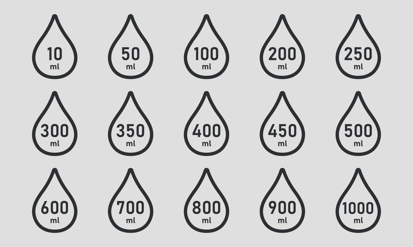 Measure of volume line icon set. A drop of liquid with a value between 10 and 1000 milliliters. Water Capacity symbols. Scale for liquid or ingredient. Vector illustration