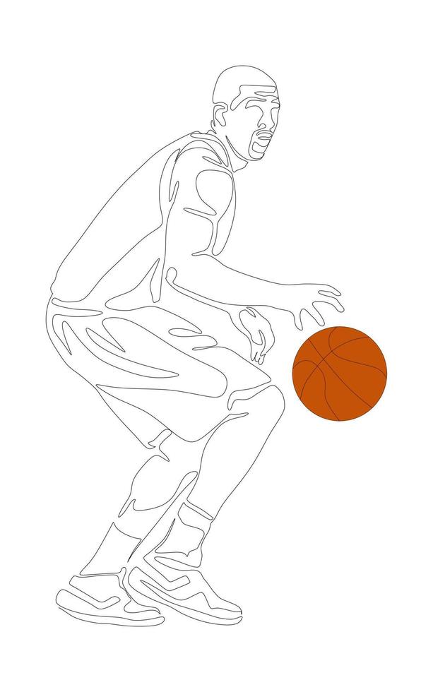 dibujo continuo de una línea del jugador de baloncesto regateando y sosteniendo la pelota. atleta corriendo simplicidad minimalismo diseño. vector