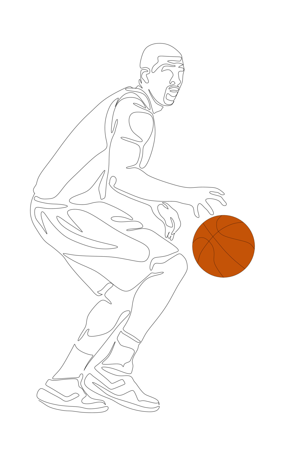 Continuous one line drawing of basketball player dribbling and holding