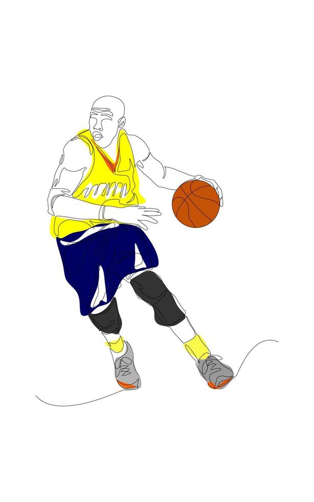 Continuous one line drawing of basketball player dribbling and holding the ball. Athlete running simplicity minimalism design. vector