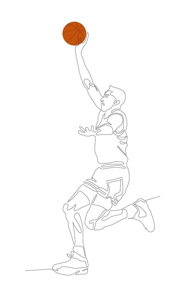 Continuous one line drawing of basketball player dribbling and holding the ball. Athlete running simplicity minimalism design. vector