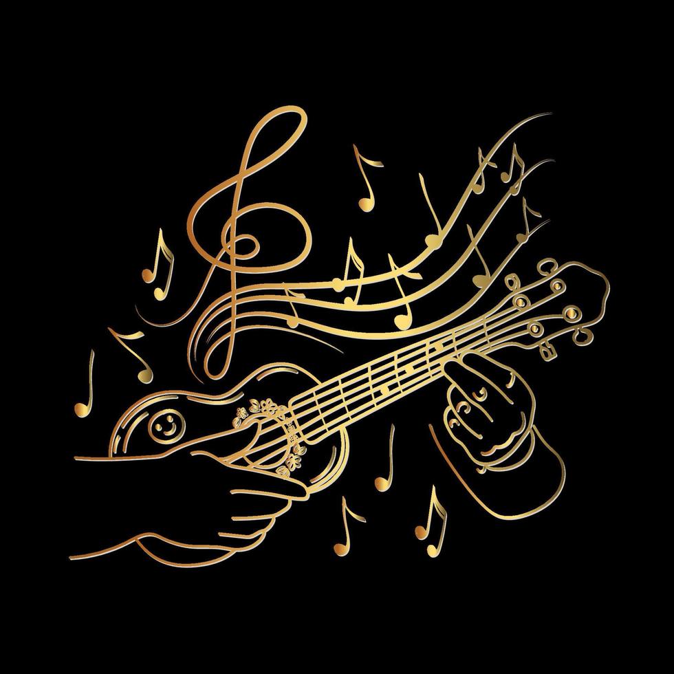 concepto de juego de ukelele inspirado, garabato dibujado a mano. pequeña guitarra Hawai. notas voladoras. música. inspiración. digitación con los dedos. gradiente de oro ilustración vectorial aislada sobre fondo negro vector