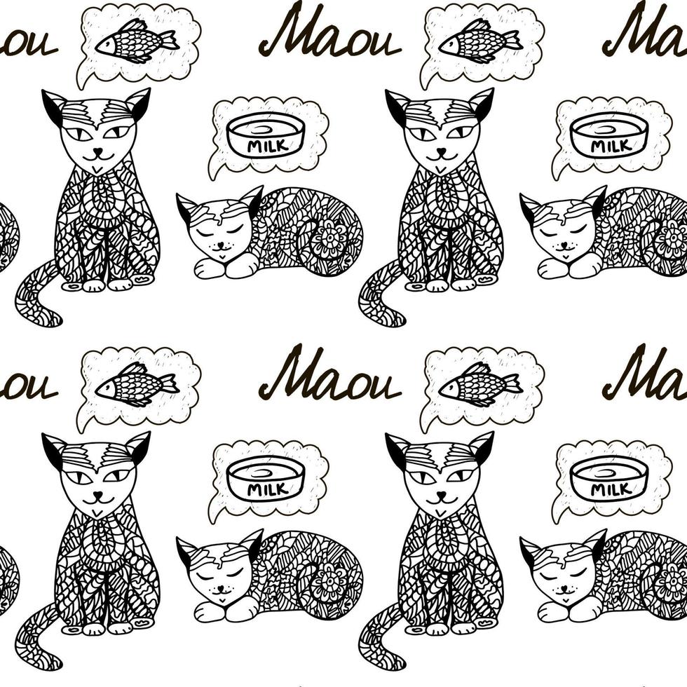 Seamless pattern of hand-drawn cats in doodle style. Stylized cats dreaming in and out of milk and fish. Decor. Stylized animals with body patterns. Vector illustration