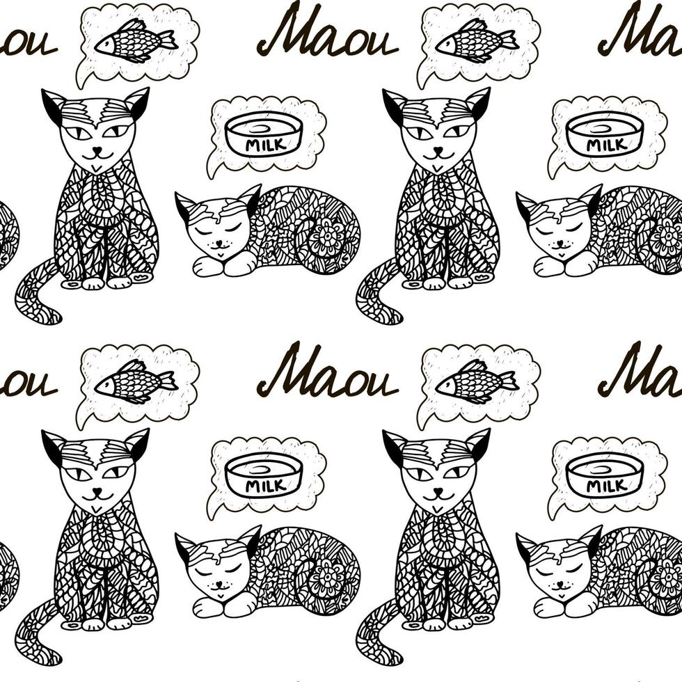 Seamless pattern of hand-drawn cats in doodle style. Stylized cats dreaming in and out of milk and fish. Decor. Stylized animals with body patterns. Vector illustration