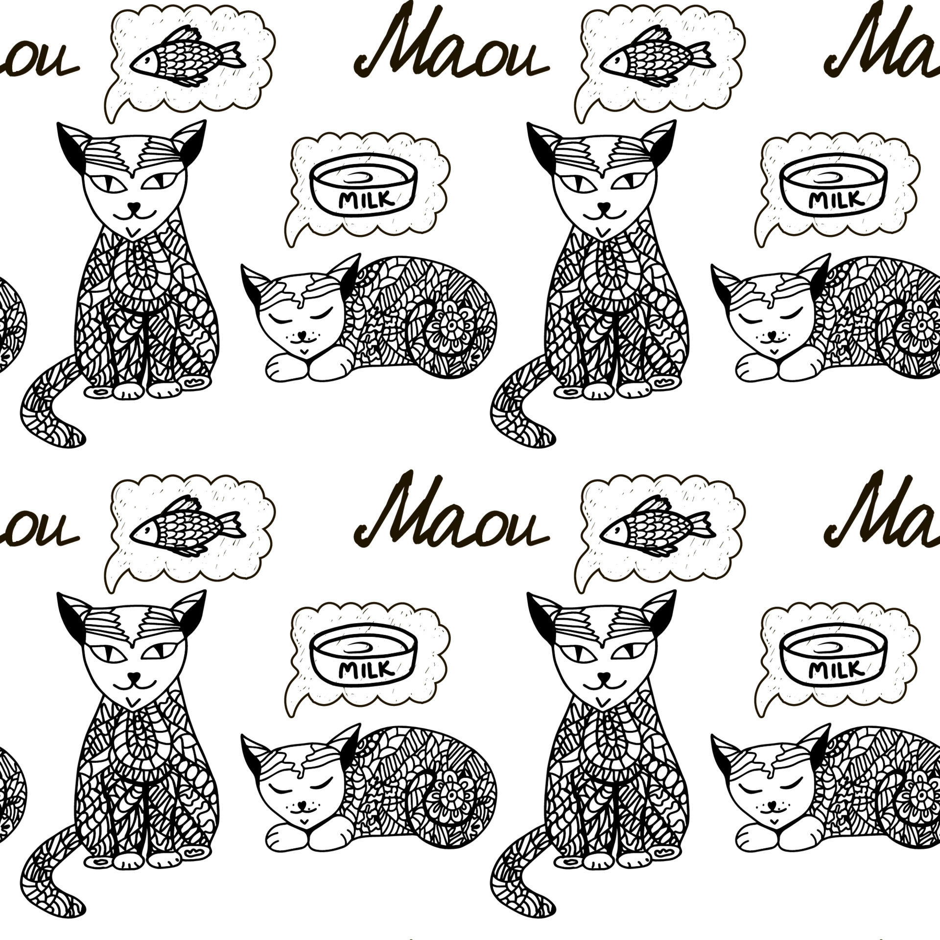 Seamless pattern of handdrawn cats in doodle style. Stylized cats