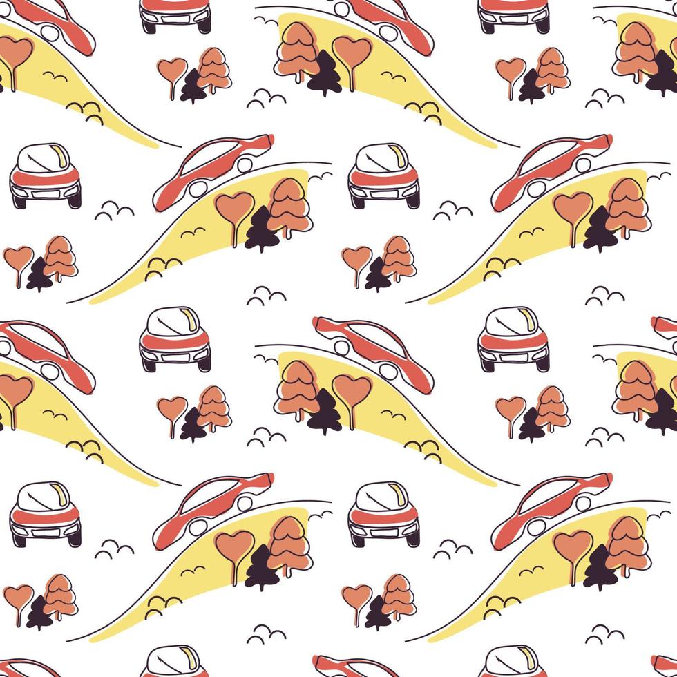 A seamless pattern of hand-drawn cars in doodle style. Car in different projections. Coral car on yellow road. Small trees - Christmas trees. Lanterns in the shape of hearts vector