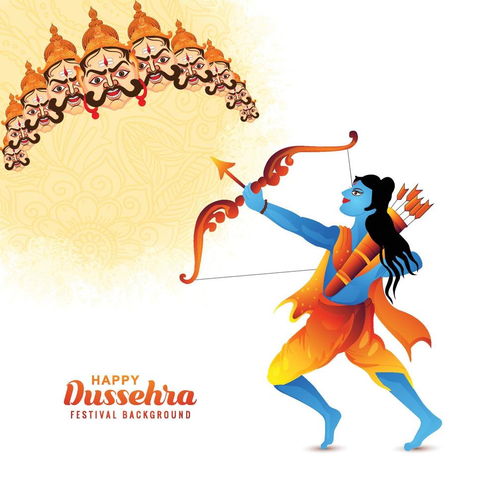ilustración de lord rama matando a ravana en el fondo de la tarjeta del festival feliz dussehra vector