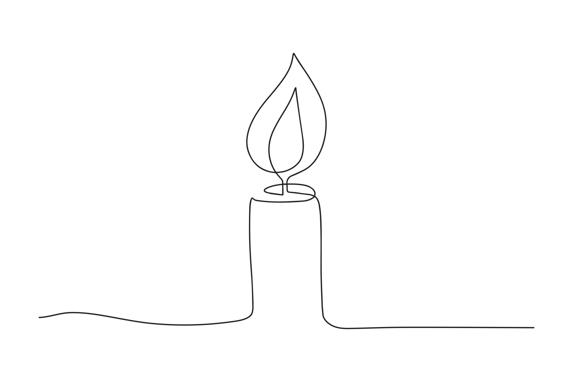 Continuous one line drawing candle burning flame. Black contour line