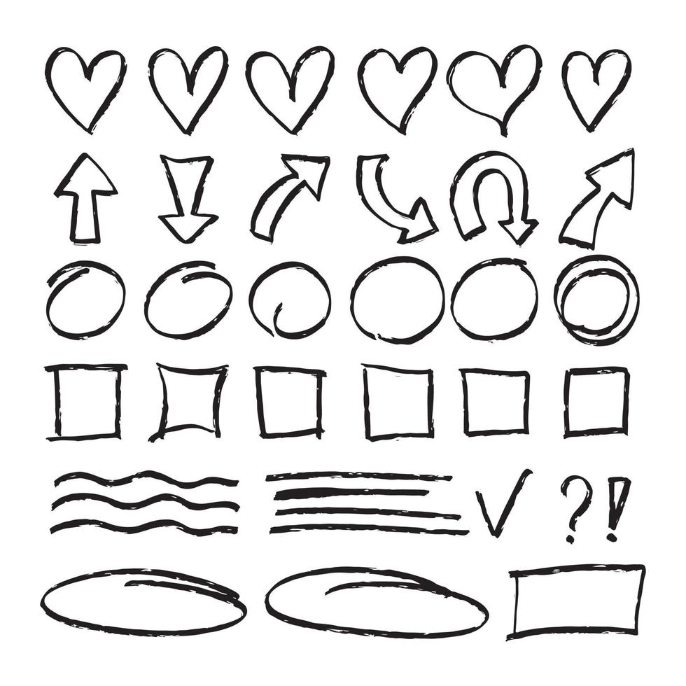 conjunto de símbolos de garabatos con textura de tinta negra: corazones, círculos, caja, líneas, flechas. colección de garabatos dibujados a mano de ilustración vectorial aislado sobre fondo blanco vector