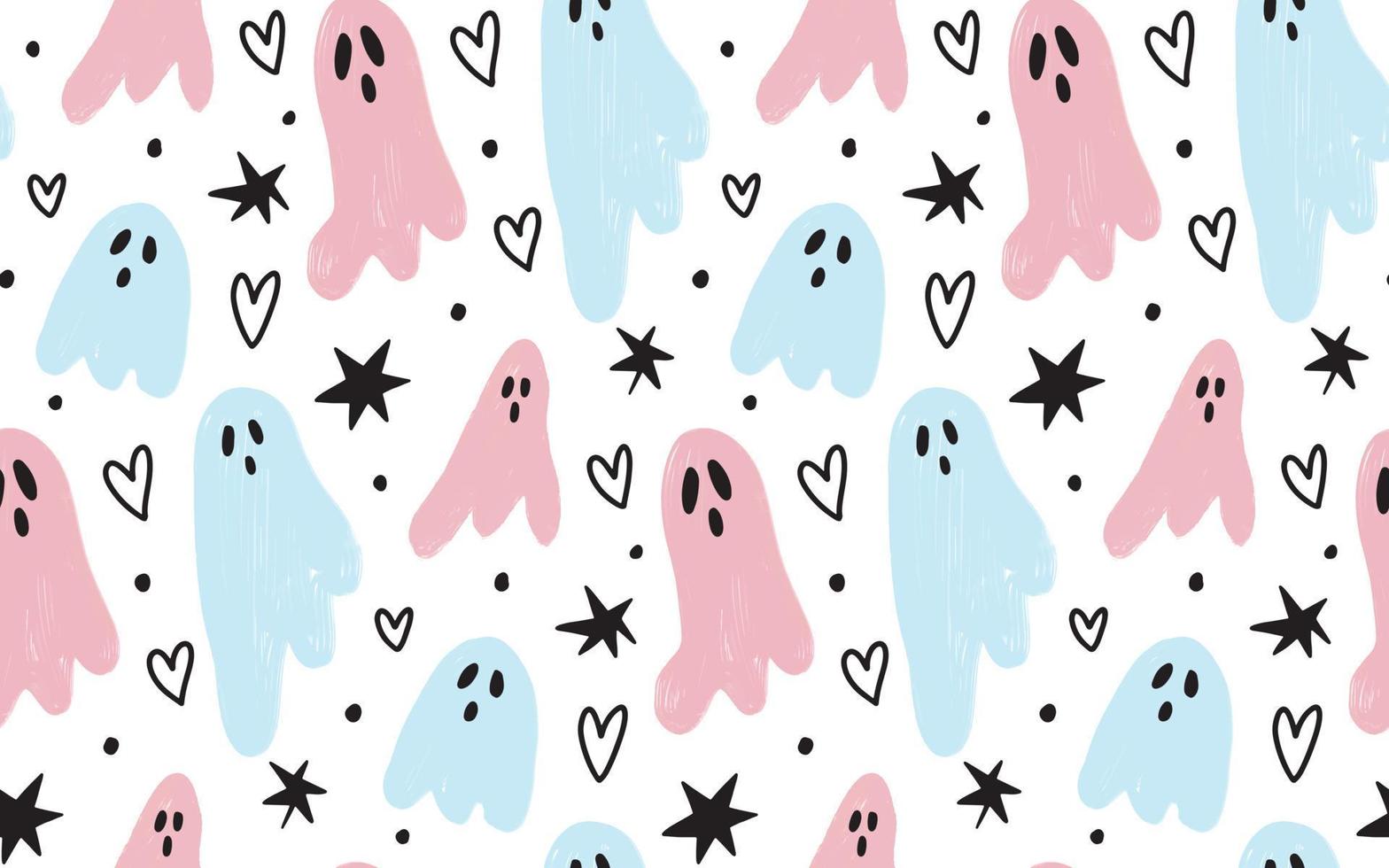 Seamless pattern background with cute pink and blue paint textured ghosts, doodle stars, hearts and dots. Sweet Halloween backdrop, textile, wallpaper design for baby boy and girl, kids vector