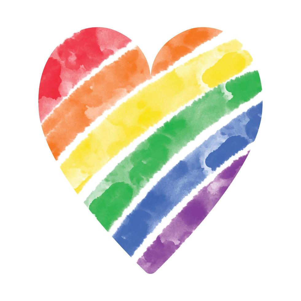 lindo corazón de arco iris con textura de trazo de pintura de acuarela vectorial, rayas coloridas en el color de la comunidad lgbt. plantilla de fondo de corazón dibujado a mano acuarela artística, elemento de diseño para el mes del orgullo vector