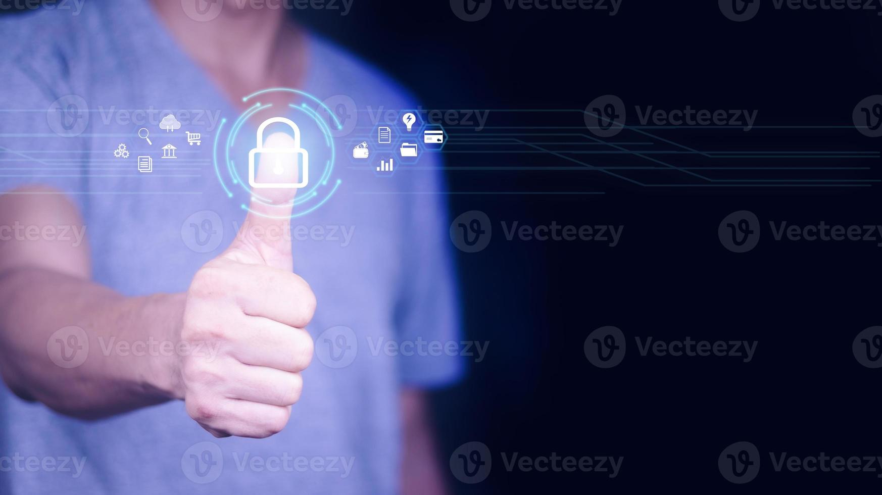 Cybersecurity and privacy concepts to protect data. Lock icon and internet network security technology. Businessman protecting personal data on smart phone with virtual screen interfaces. photo