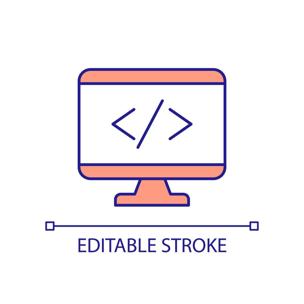 Writing programming code RGB color icon. Creating webpages. Computer. Operating system. Programming language. Isolated vector illustration. Simple filled line drawing. Editable stroke.