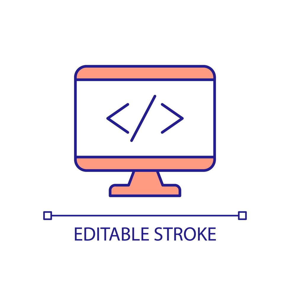 Writing programming code RGB color icon. Creating webpages. Computer. Operating system. Programming language. Isolated vector illustration. Simple filled line drawing. Editable stroke.