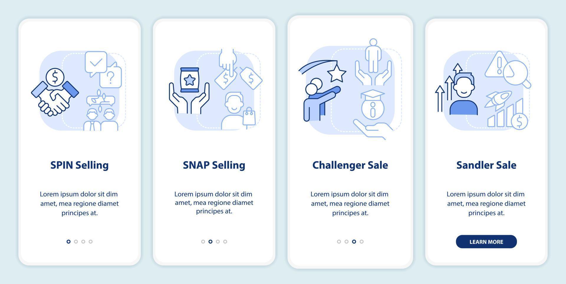 Sales techniques light blue onboarding mobile app screen. Promotion walkthrough 4 steps editable graphic instructions with linear concepts. UI, UX, GUI template. vector
