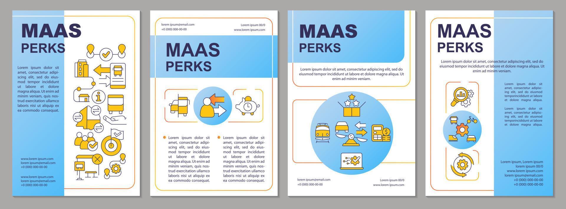 MaaS perks blue brochure template. Advantages for users. Leaflet design with linear icons. Editable 4 vector layouts for presentation, annual reports.