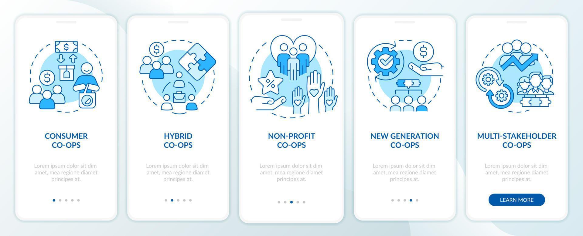 Types of business co-ops blue onboarding mobile app screen. Corporate walkthrough 5 steps graphic instructions pages with linear concepts. UI, UX, GUI template. vector