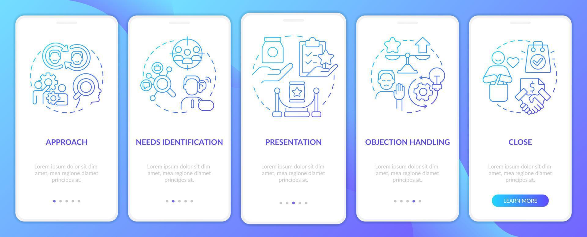 pantalla de la aplicación móvil de incorporación de degradado azul del proceso de ventas. tutorial de marketing de productos instrucciones gráficas de 5 pasos con conceptos lineales. interfaz de usuario, ux, plantilla de interfaz gráfica de usuario. vector