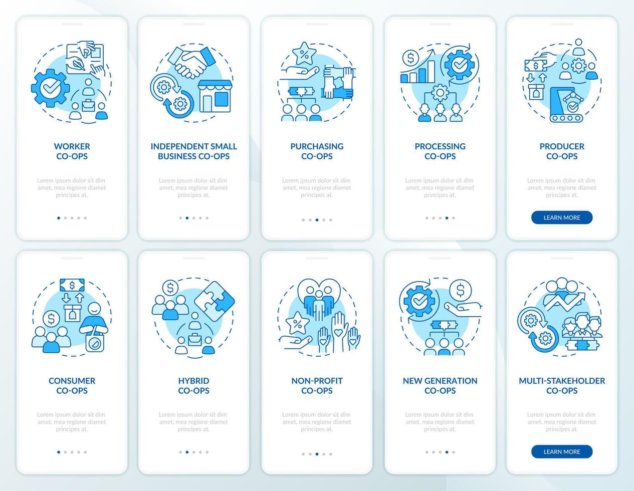 Business co-ops types blue onboarding mobile app screen set. Corporate walkthrough 5 steps graphic instructions pages with linear concepts. UI, UX, GUI template. vector