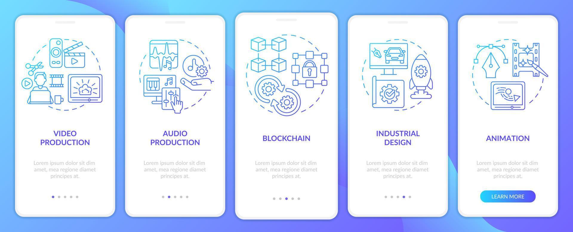 pantalla de aplicación móvil de incorporación de degradado azul de habilidades independientes de alta remuneración. tutorial 5 pasos páginas de instrucciones gráficas con conceptos lineales. interfaz de usuario, ux, plantilla de interfaz gráfica de usuario. vector