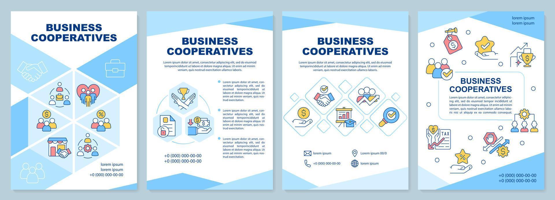 Business cooperatives blue brochure template. Partners alliance. Leaflet design with linear icons. 4 vector layouts for presentation, annual reports.