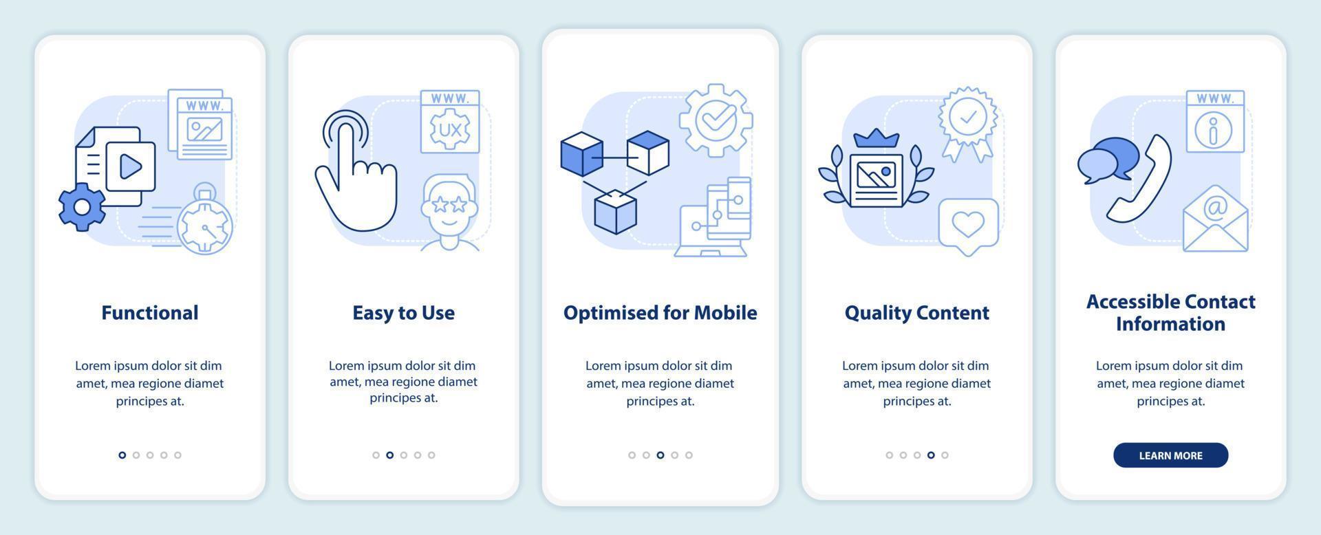 buenas características del sitio web pantalla de aplicación móvil de incorporación azul claro. tutorial 5 pasos instrucciones gráficas editables con conceptos lineales. interfaz de usuario, ux, plantilla de interfaz gráfica de usuario. vector