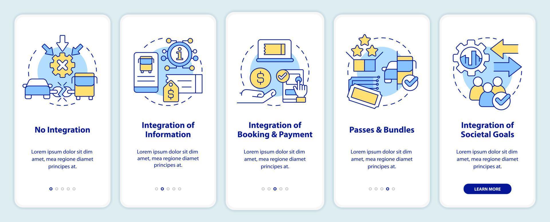 MaaS integration levels onboarding mobile app screen. Public transport walkthrough 5 steps editable graphic instructions with linear concepts. UI, UX, GUI template. vector