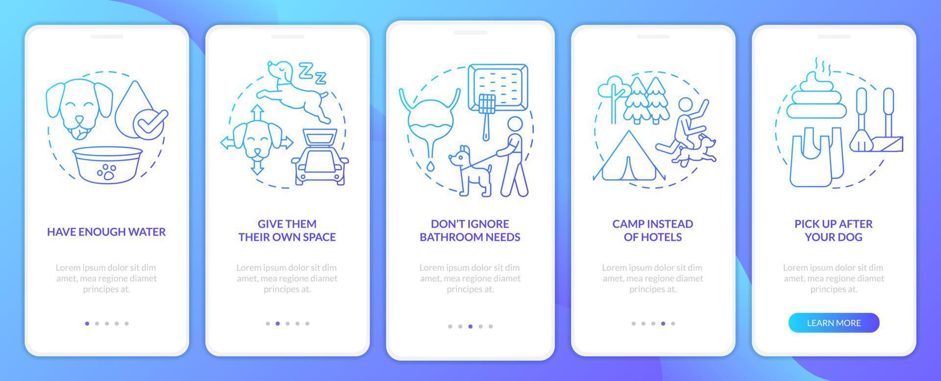 Road trip with pets advice blue gradient onboarding mobile app screen. Walkthrough 5 steps graphic instructions with linear concepts. UI, UX, GUI template. vector