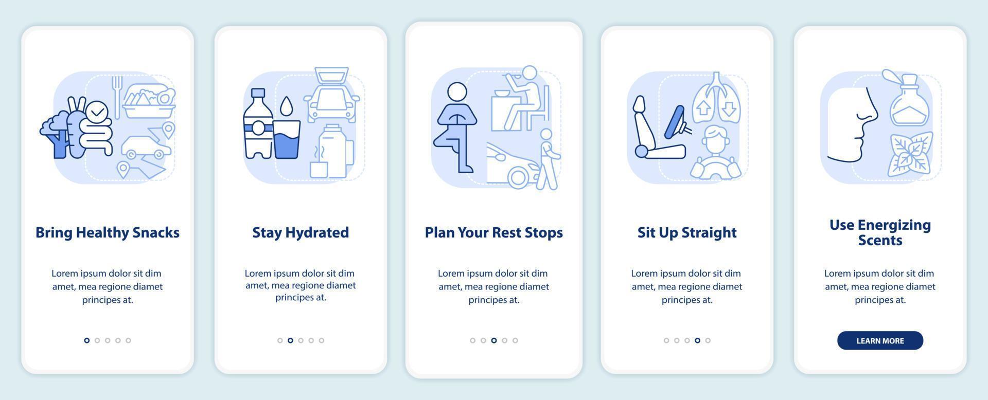 Road trip healthy habits light blue onboarding mobile app screen. Walkthrough 5 steps editable graphic instructions with linear concepts. UI, UX, GUI template. vector