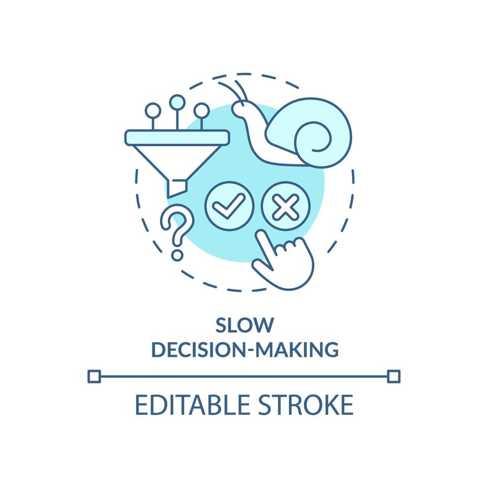 Slow decision-making turquoise concept icon. Cooperative society drawback abstract idea thin line illustration. Isolated outline drawing. Editable stroke. vector