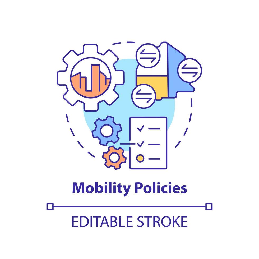 icono del concepto de políticas de movilidad. adopción de servicios. componente de introducción maas idea abstracta ilustración de línea delgada. dibujo de contorno aislado. trazo editable. vector