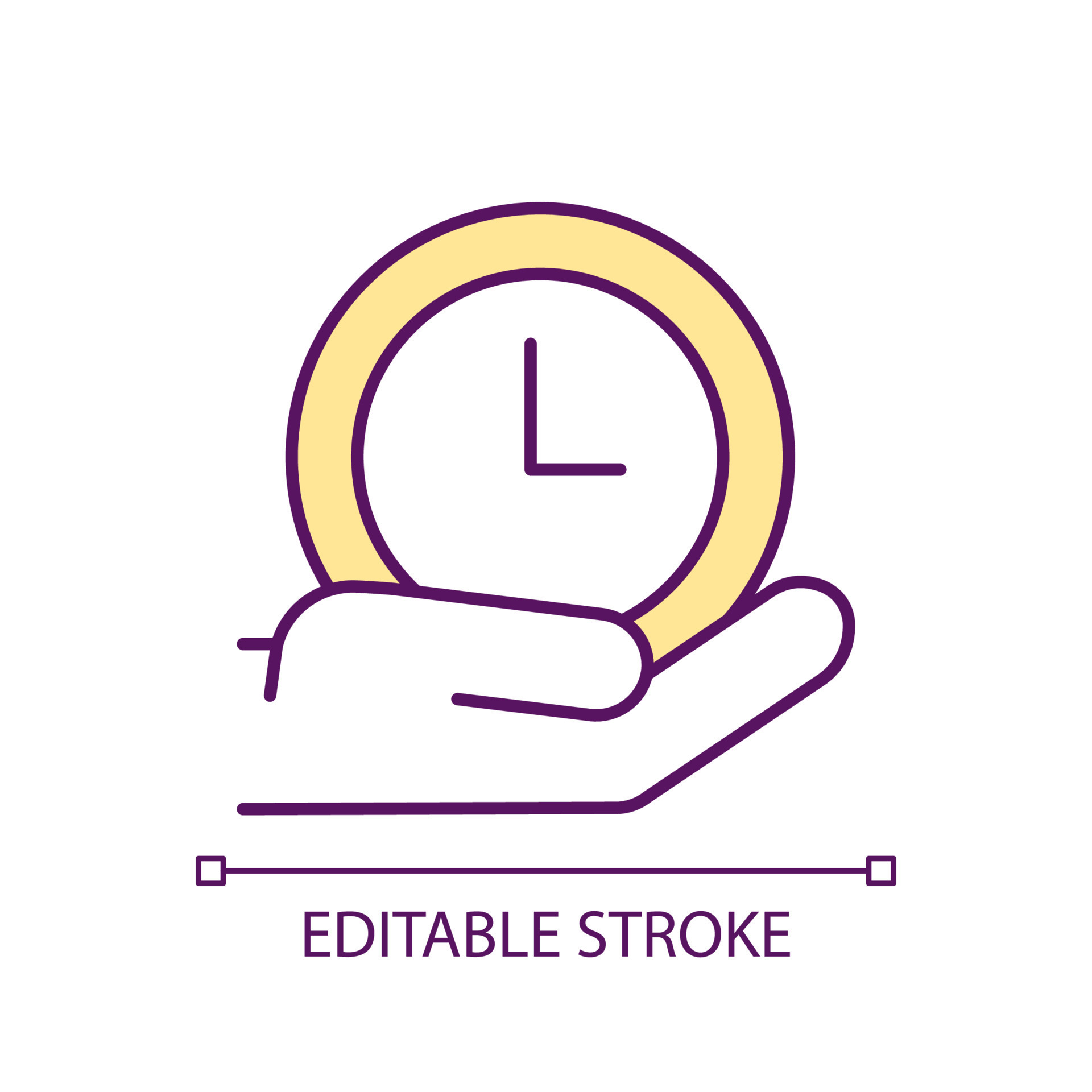 Hand holding clock RGB color icon. Time management process. Instrument