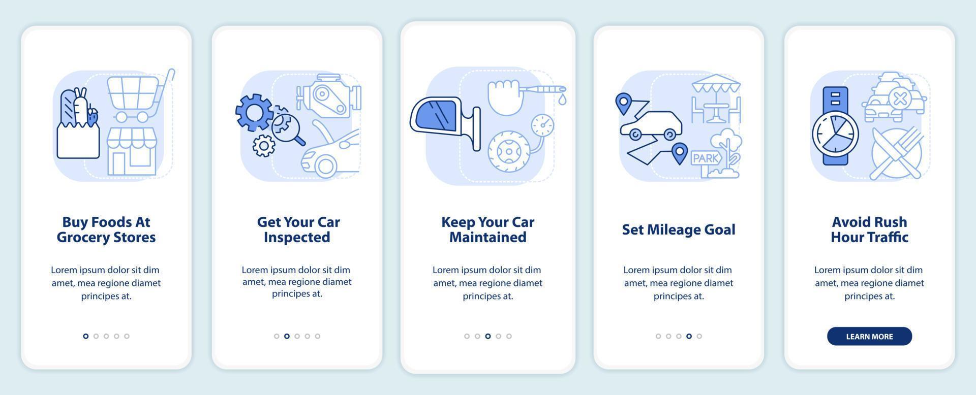 consejos de viaje por carretera pantalla de aplicación móvil de incorporación azul claro. Tutorial de viaje en automóvil 5 pasos instrucciones gráficas editables con conceptos lineales. interfaz de usuario, ux, plantilla de interfaz gráfica de usuario. vector