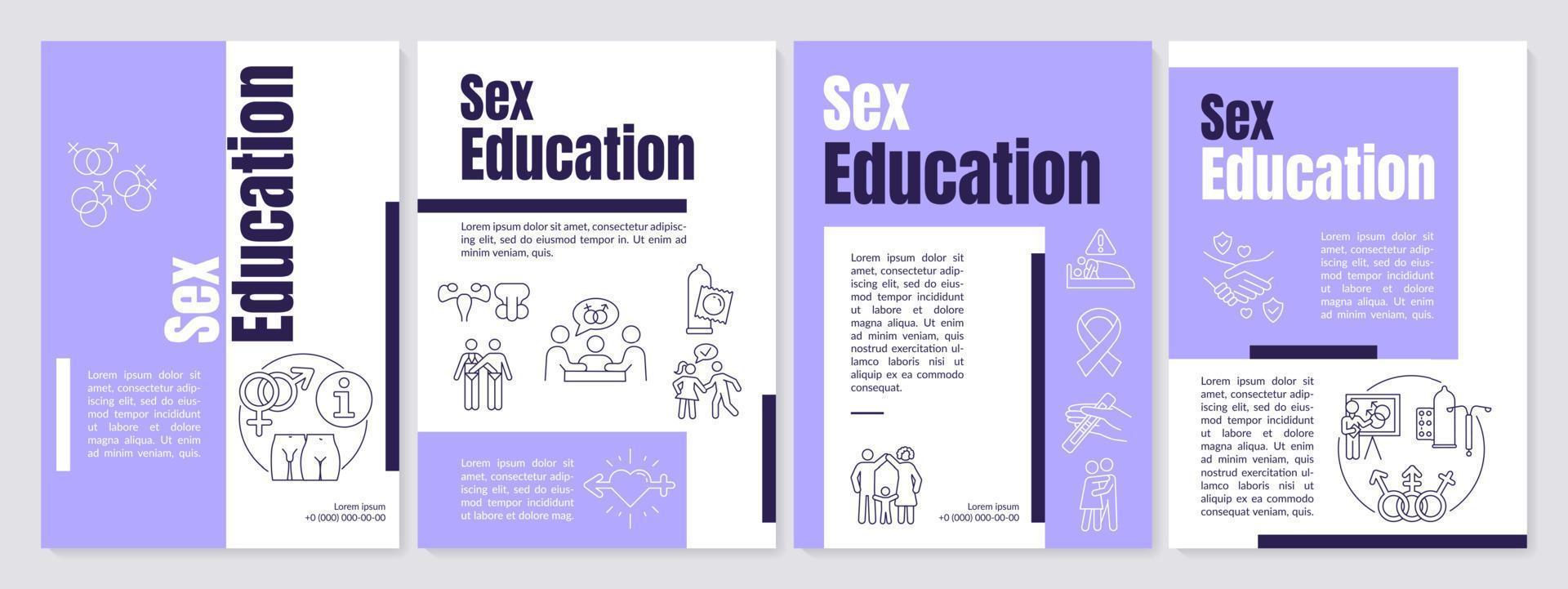 plantilla de folleto púrpura de explicación de educación sexual. desarrollo corporal. diseño de folletos con iconos lineales. 4 diseños vectoriales editables para presentación, informes anuales. vector