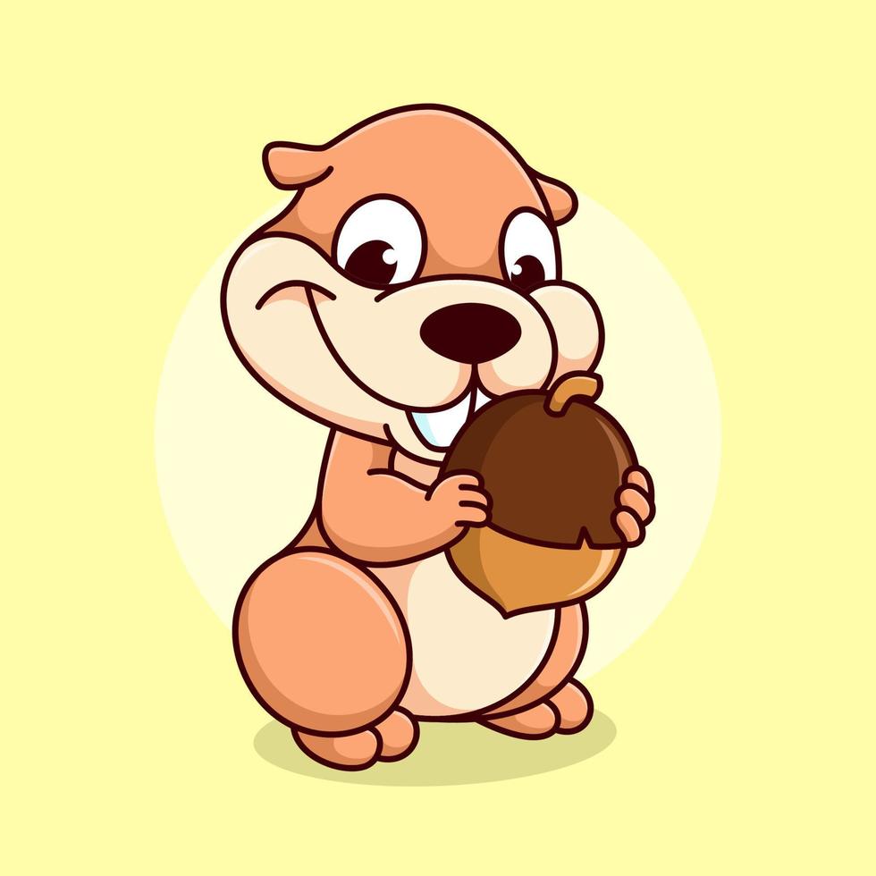 cute squirrel holding hazelnut vector illustration. cartoon chipmunk eating nuts