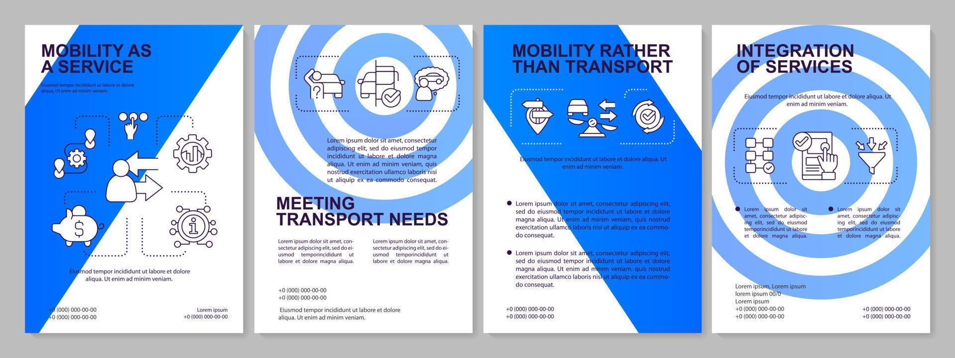 Components of MaaS concept blue brochure template. Users service. Leaflet design with linear icons. Editable 4 vector layouts for presentation, annual reports.