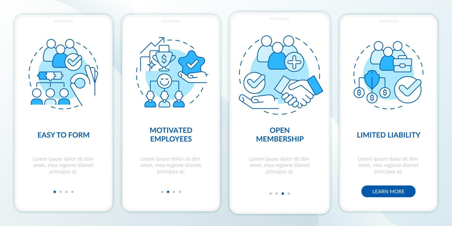 Benefits of co-ops blue onboarding mobile app screen. Partnership walkthrough 4 steps graphic instructions pages with linear concepts. UI, UX, GUI template. vector