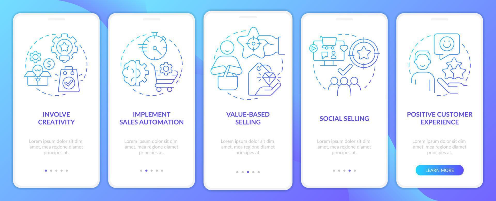 Selling tendencies blue gradient onboarding mobile app screen. Sales walkthrough 5 steps graphic instructions with linear concepts. UI, UX, GUI template. vector