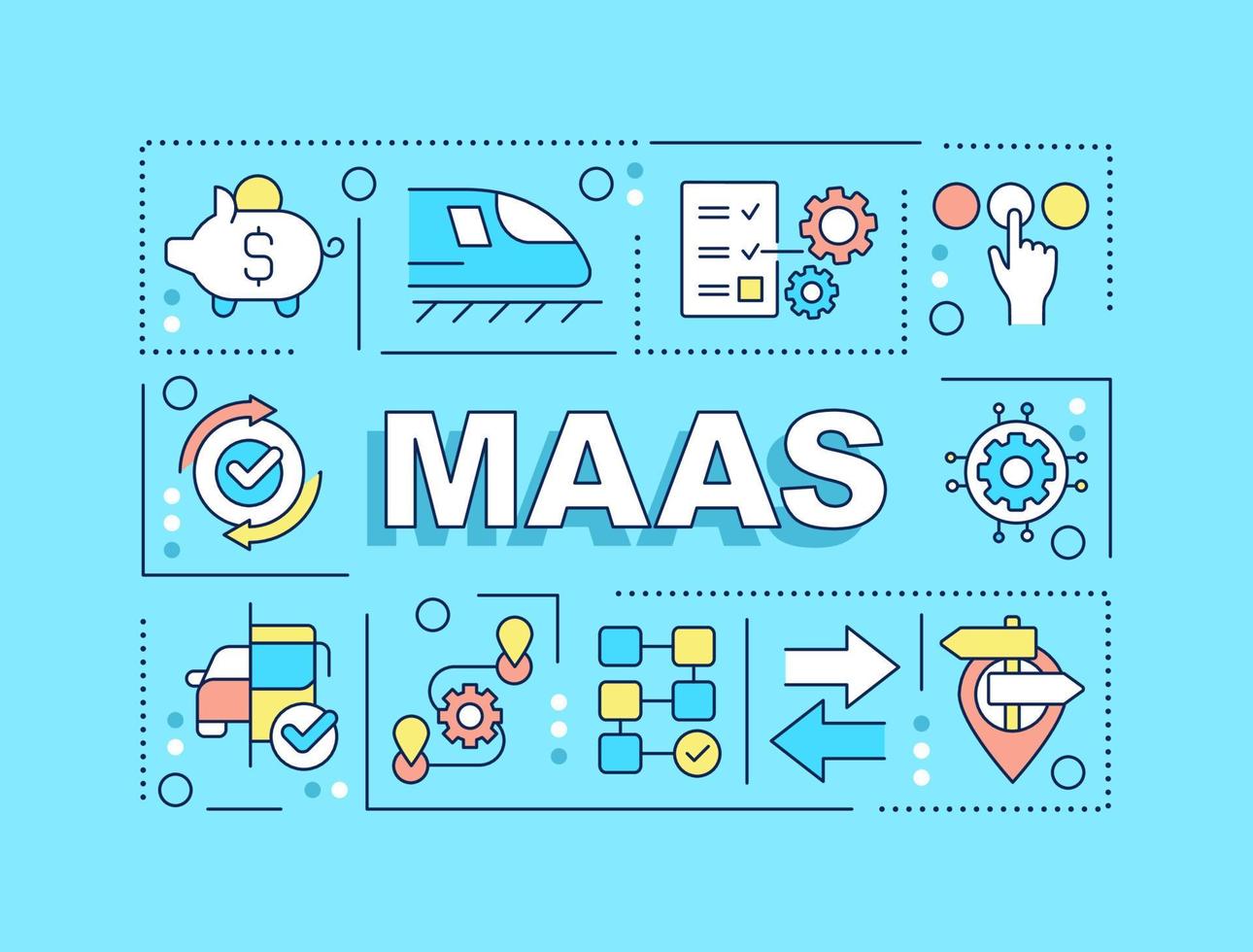 MaaS word concepts blue banner. Digital transport system Infographics with editable icons on color background. Isolated typography. Vector illustration with text.