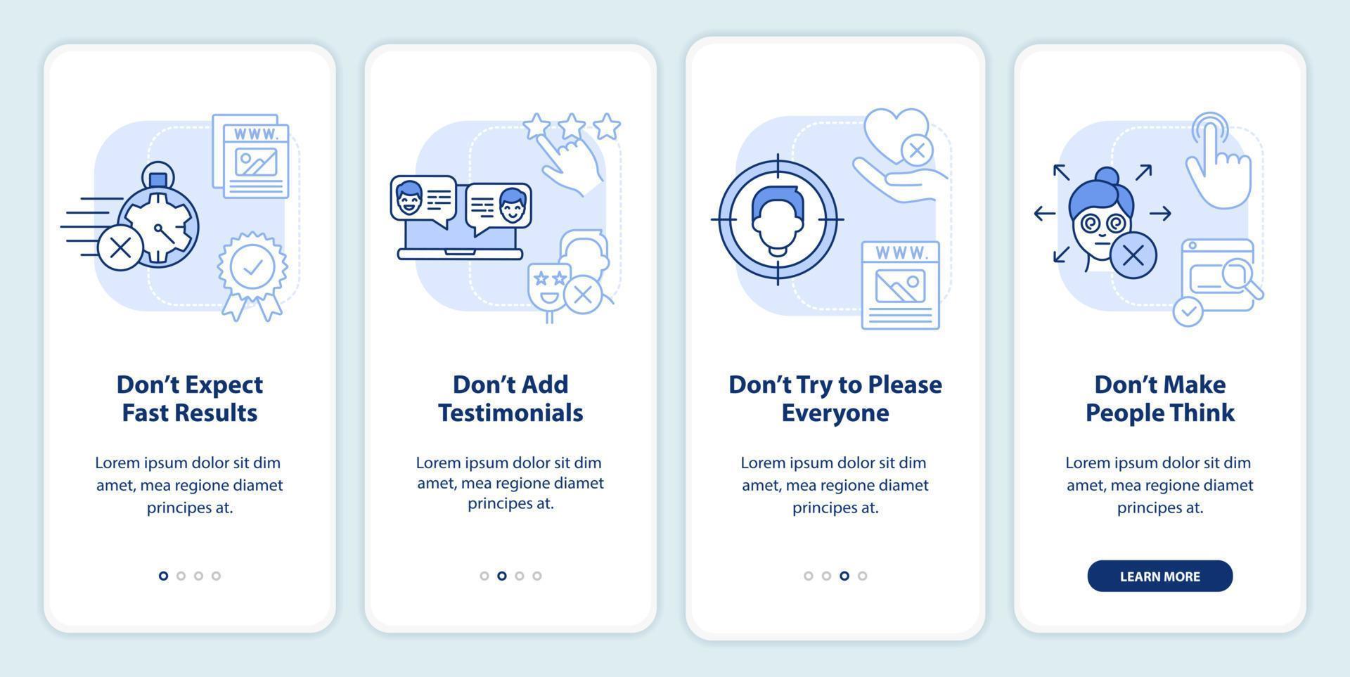 Making website donts light blue onboarding mobile app screen. Walkthrough 4 steps editable graphic instructions with linear concepts. UI, UX, GUI template. vector