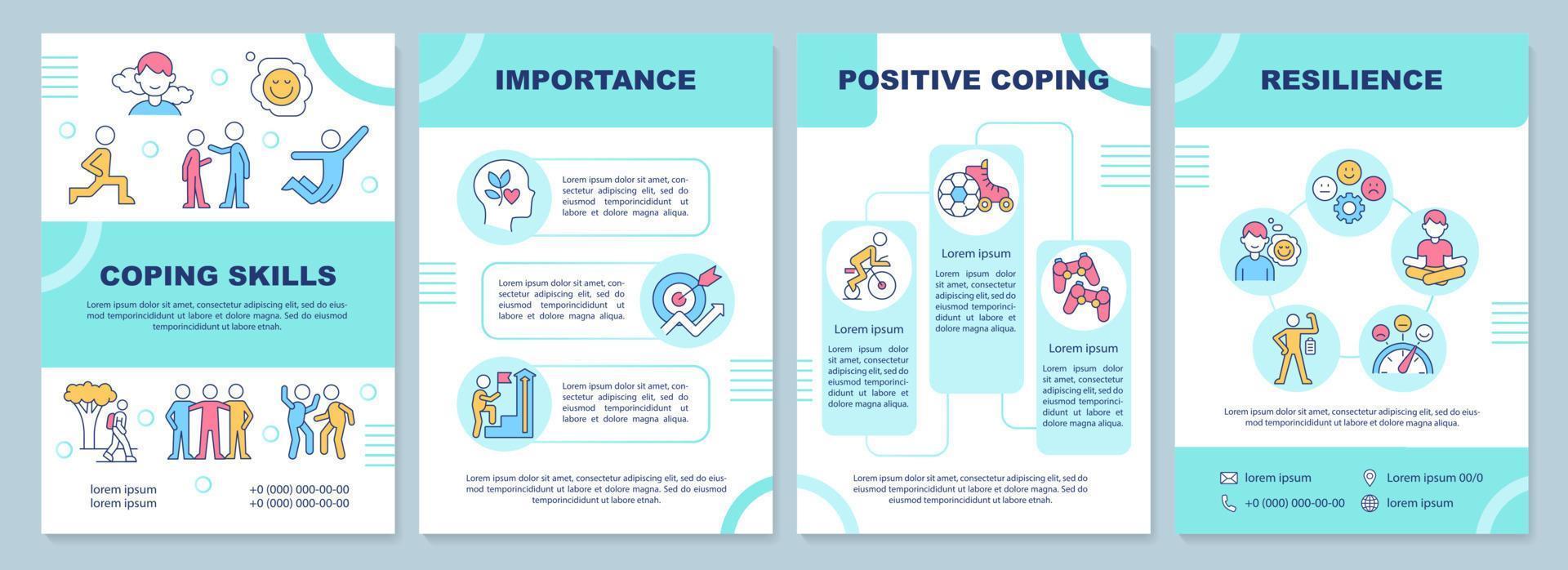 Healthy coping skills for teens mint brochure template. Leaflet design with linear icons. Editable 4 vector layouts for presentation, annual reports.